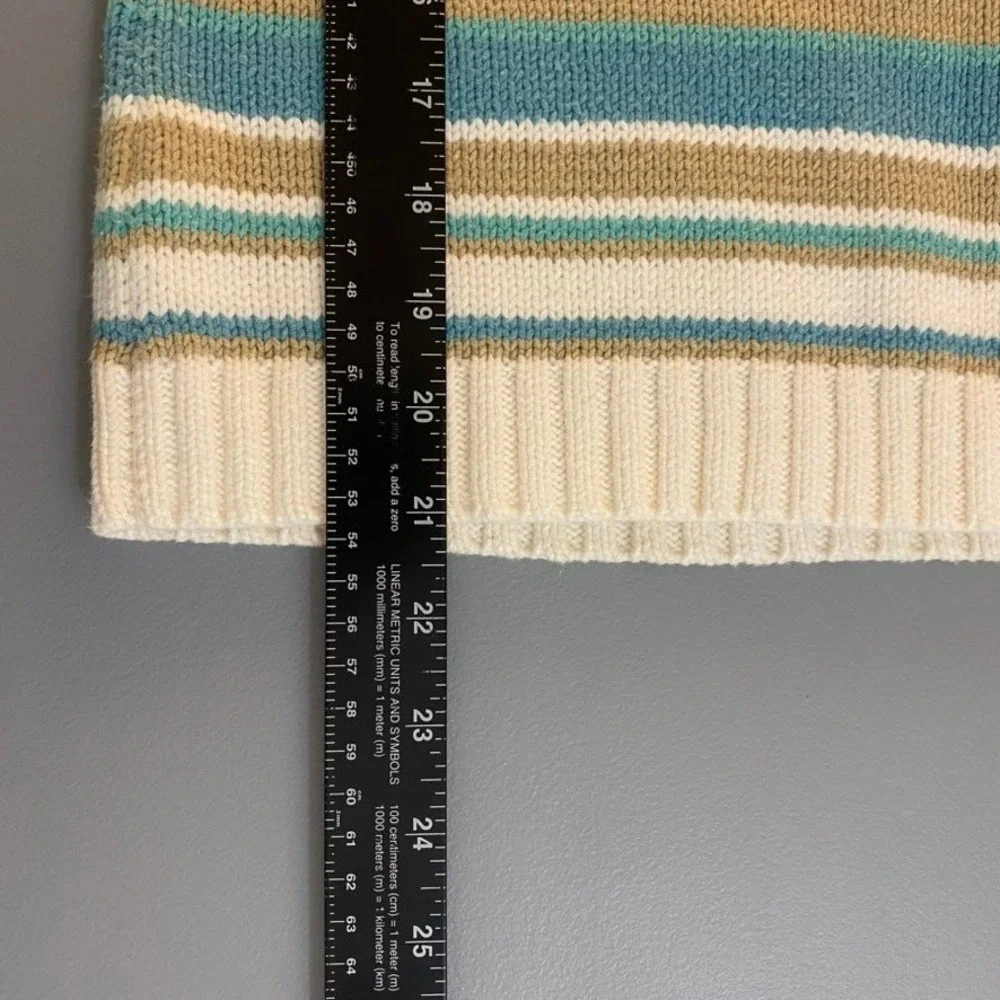 Teal‎ & Tan Striped Button Shoulder Sweater S Boho Chic Coastal Cottagecore Knit